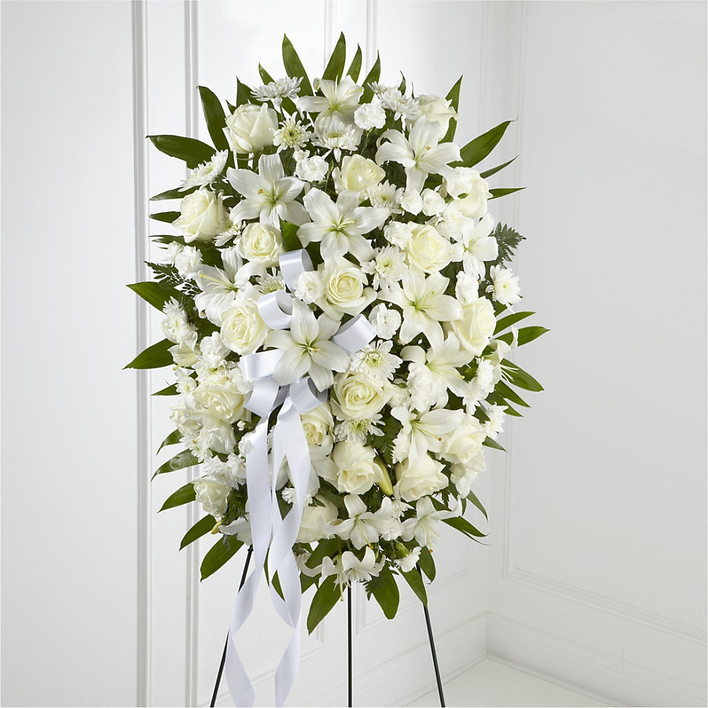 Exquisite Tribute Standing Spray-White Ribbon – HUTCHINSON'S FLOWERS INC, Sykesville MD
